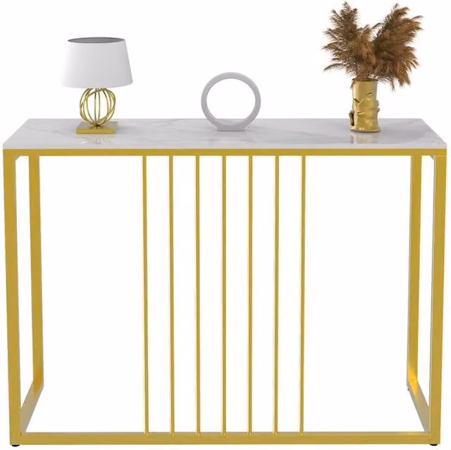 Nordara Rectangular Marble Top Bar Table with Gold Metal Frame in White and Gold – 1