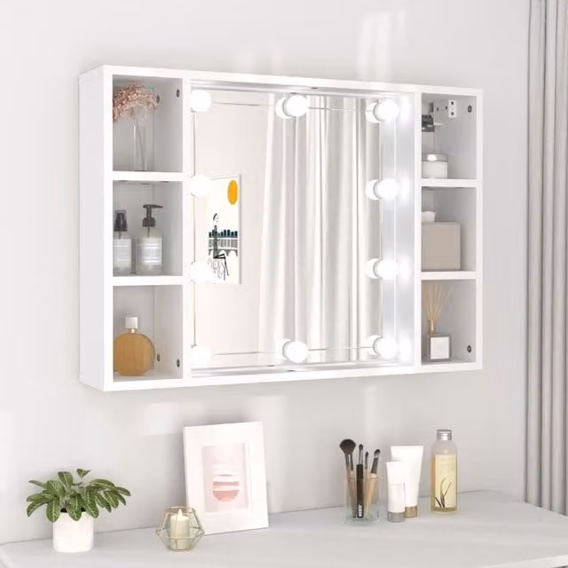 Berkfield Home White LED Mirror Cabinet with Hinged Doors, W/D/H: 76 x 15 x 55 cm
