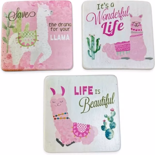 Heaven Sends Set of 3 Pink Llama Design Square Wood Coasters
