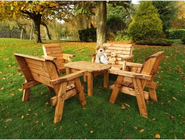 Charles Taylor Little Fellas Childrens Garden Table, Bench and Chair Set in Brown Oiled Treated Hardwood