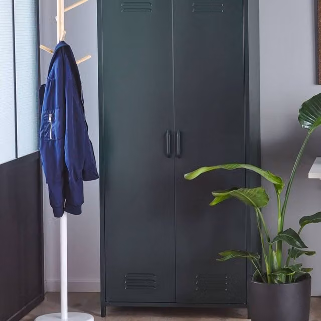 Wyld Haus Industrial Grey Metal Freestanding Wardrobe with Hinged Doors, Hanging Rod and Internal Shelves