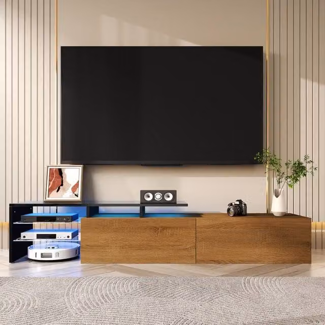 Matteo Modern TV Cabinet in Black and Wood Look with Integrated Lighting and Glass Details, W/D/H: 170.0 x 33.0 x 33.5 cm – 1