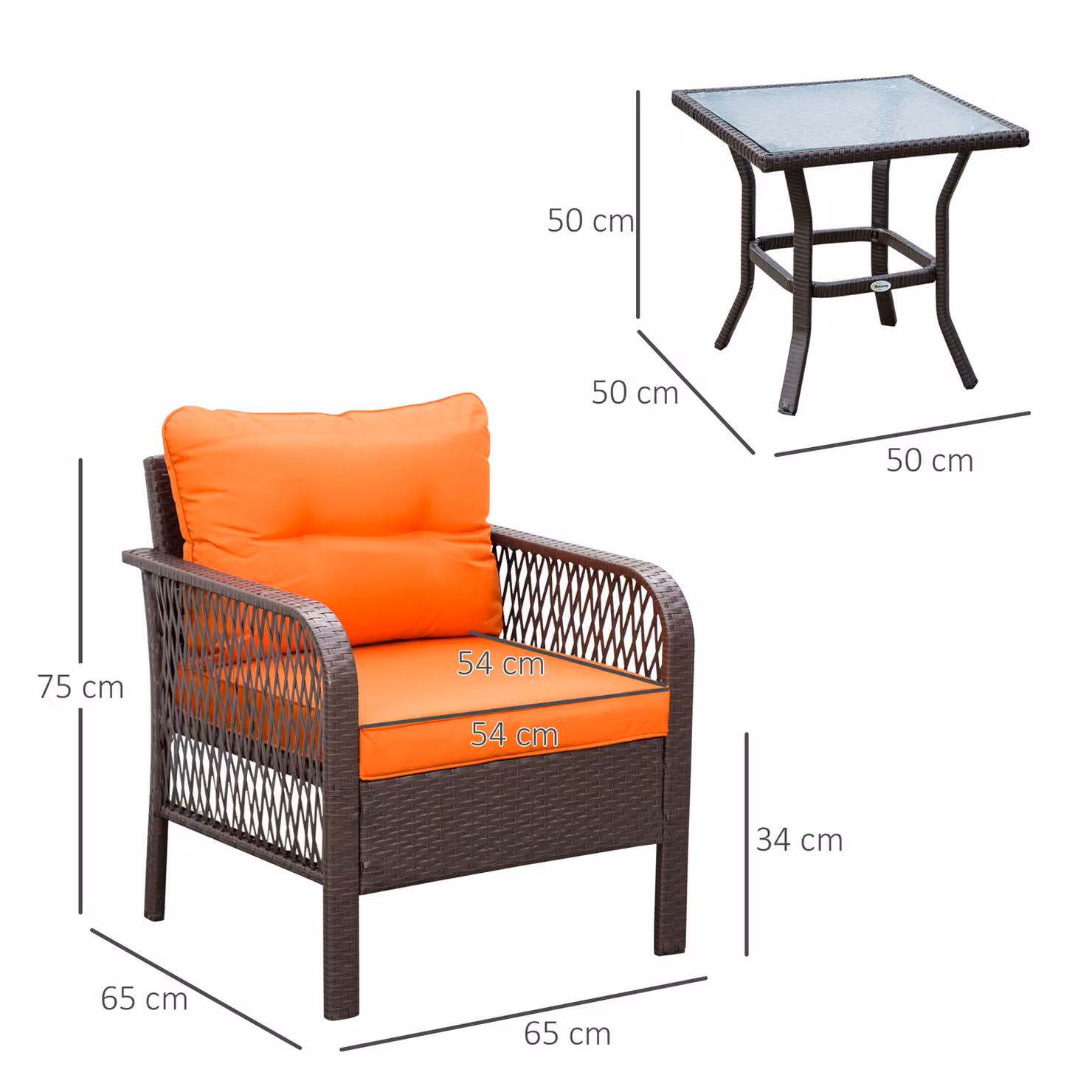 Outsunny 3 Piece Rattan Bistro Set with Upholstered Armchairs and Glass Top Coffee Table in Orange – 3