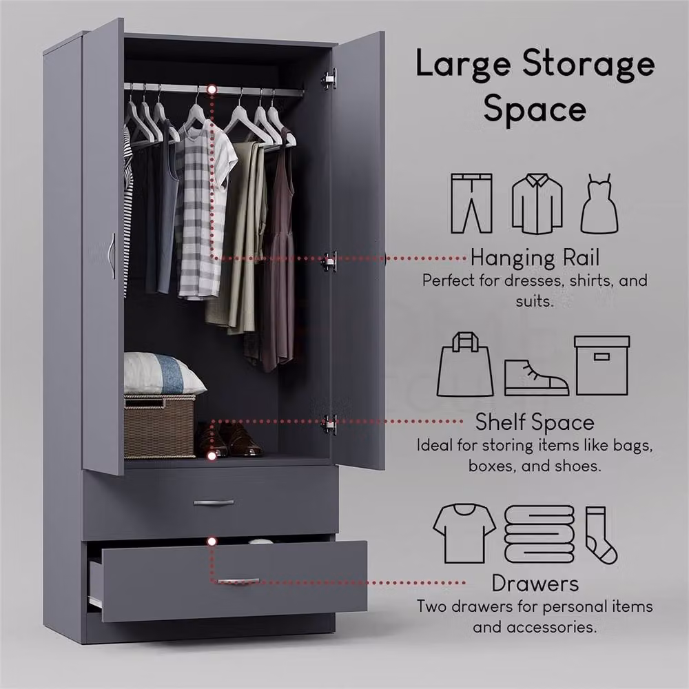 FORGEVIO Grey Wooden Wardrobe with Modern Hinged Doors and Integrated Drawers – 2