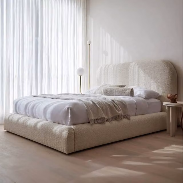 KDMD Curve Boucle Upholstered Premium Platform Bed Frame in Light Khaki, Single
