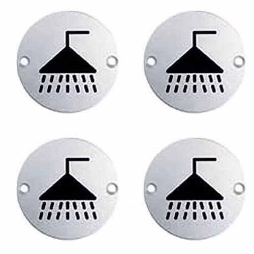 Loops 4 Pack Bathroom Door Shower Symbol Signs in Brushed Silver Stainless Steel, Diameter: 76 mm, Fixing Centres: 64 mm