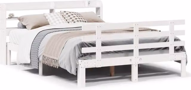 Berkfield Home White Solid Wood Bed Frame with Headboard and Side Compartments, W/D/H: 140 x 200 x 82 cm