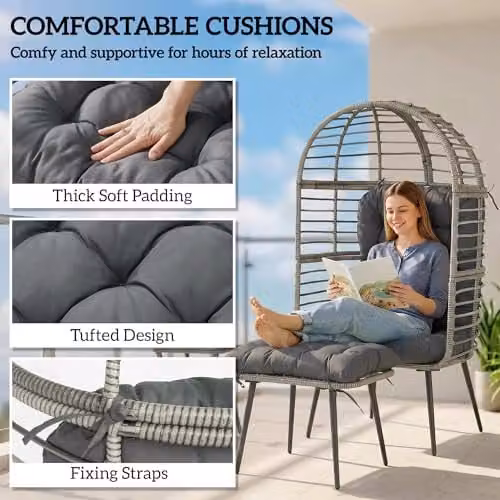 Outsunny Standing Garden Egg Lounge Chair with Footstool and Cushions, Light Grey – 6