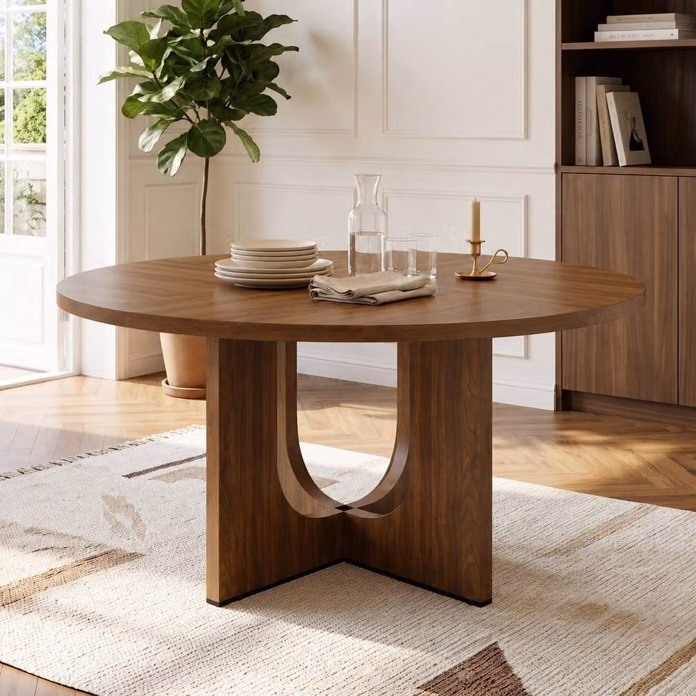 Merax Mid-Century Modern Round Pedestal Dining Table in Brown, Diameter: 120 cm, Height: 75 cm – 4