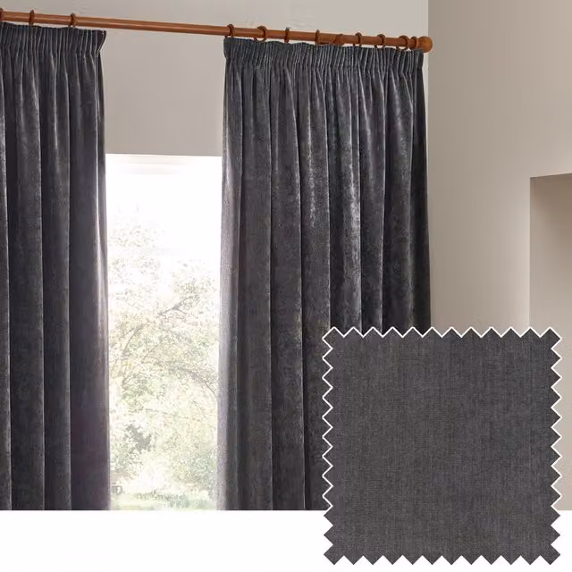 Make It A Home Heavy Chenille Velvet Pencil Pleat Curtains in Grey Anthracite, Width: 229 cm