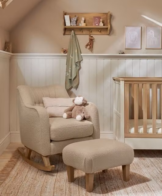 Mamas & Papas Classic Tub Armchair and Matching Ottoman Set in Beige Bouclé with Oak Wood Frame