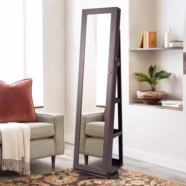 Gymax 360 Rotating Jewelry Armoire with Full Length Mirror in Brown – 1