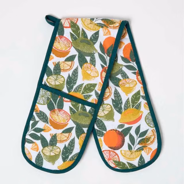 Homescapes Cotton Oven Glove in Green, Orange, Yellow and White with Hanging Loop