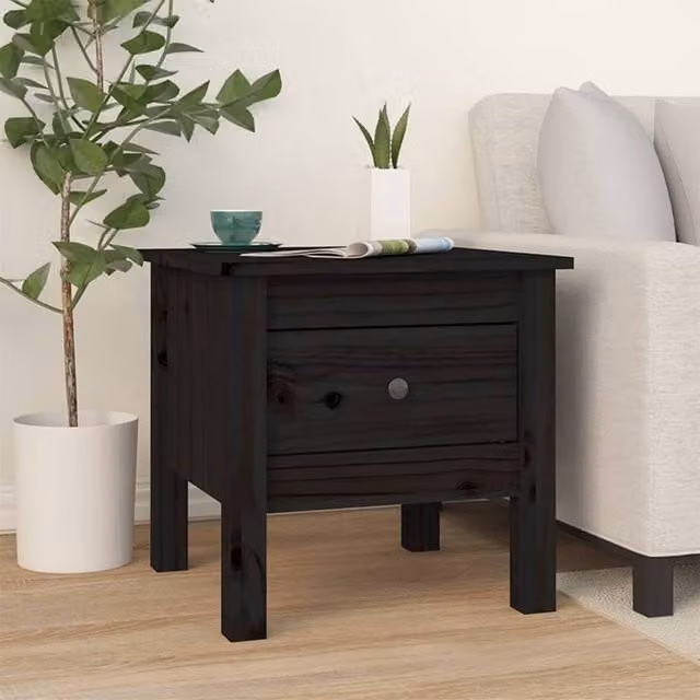 Berkfield Home Set of 2 Black Solid Pine Wood Side Tables, W/D/H: 40 x 40 x 39 cm – 1