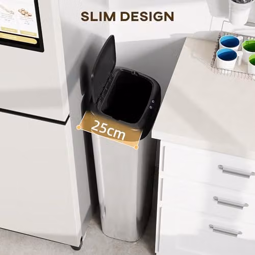HOMCOM 50L Silver Stainless Steel Fingerprint-Proof Sensor Slim Kitchen Bin – 6