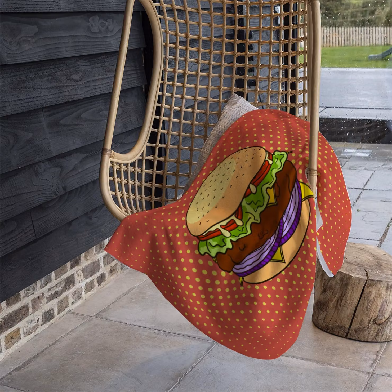 Benjamin Tate Design Pop Art Burger Illustration Fleece Blanket in Orange, Beige and Multicolour, W/D/H: 120 x 150 cm – 2