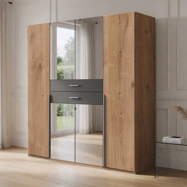 Denver 4 Door Wardrobe in Planked Oak and Graphite with Mirror, Width: 180 cm