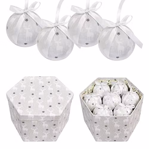 The Christmas Workshop Set of 14 Reindeer Christmas Baubles in White and Silver, Diameter: 7.5 cm – 1