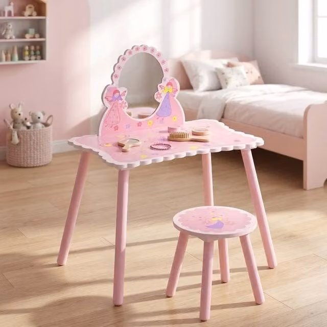 STILVORA Kids Dressing Table and Chair Set in Pink with Floral Design – 1