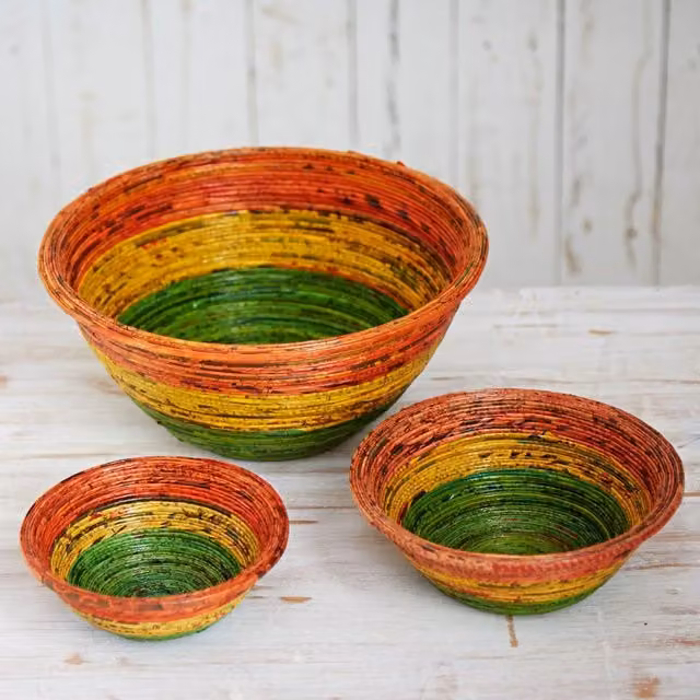 Paper High Round Recycled Newspaper Bowl in Orange and Multicolour, Large