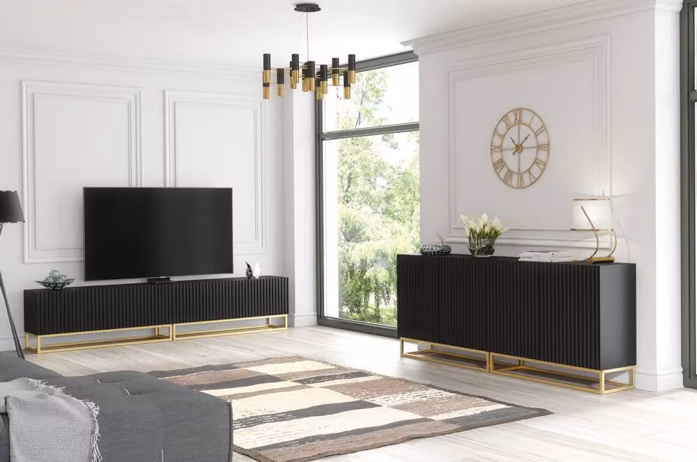Creative Furniture Ripple Duo TV Unit in Black and Gold, Modern Fluted Design, W: 200 cm, D: 45 cm, H: 35 cm – 4