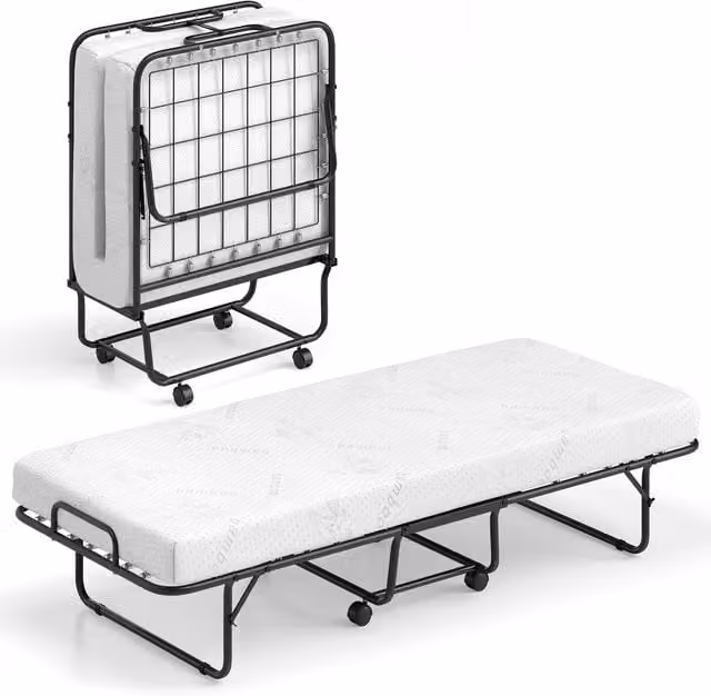 Gymax Rollaway Guest Bed with Memory Foam Mattress and Metal Frame, White, 80 x 190 cm