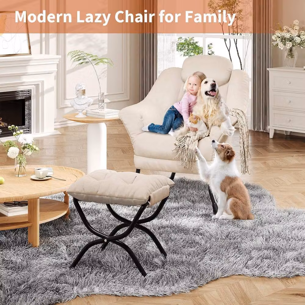 London Boutique Modern Soft Lounge Chair Set with Ottoman and Side Pocket in Off-White – 2
