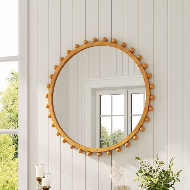 Livingandhome Round Scandinavian Wood Wall Mirror in Brown and Gold, Diameter: 79 cm