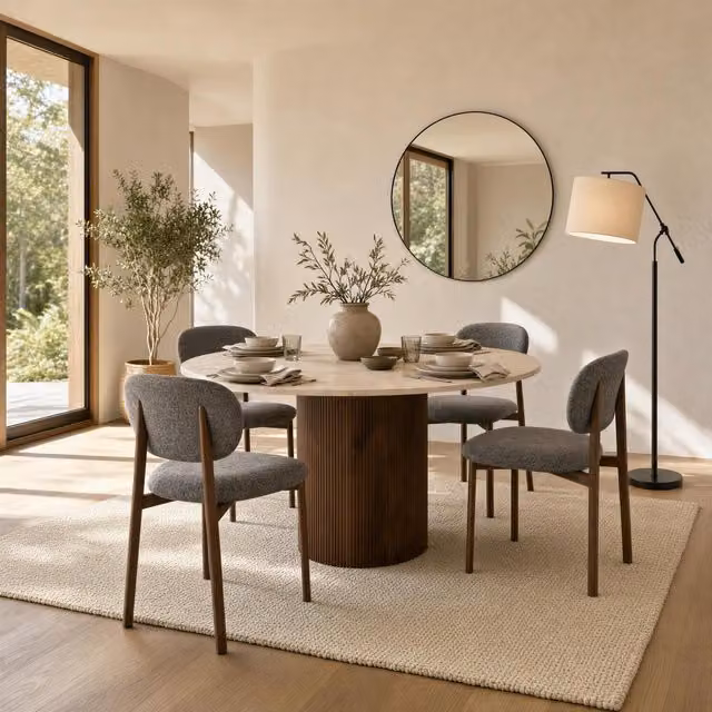 Furniturebox UK Penrose Round Cream Marble Effect Dining Table and 4 Mirelle Chairs in Dark Grey, Diameter: 120 cm