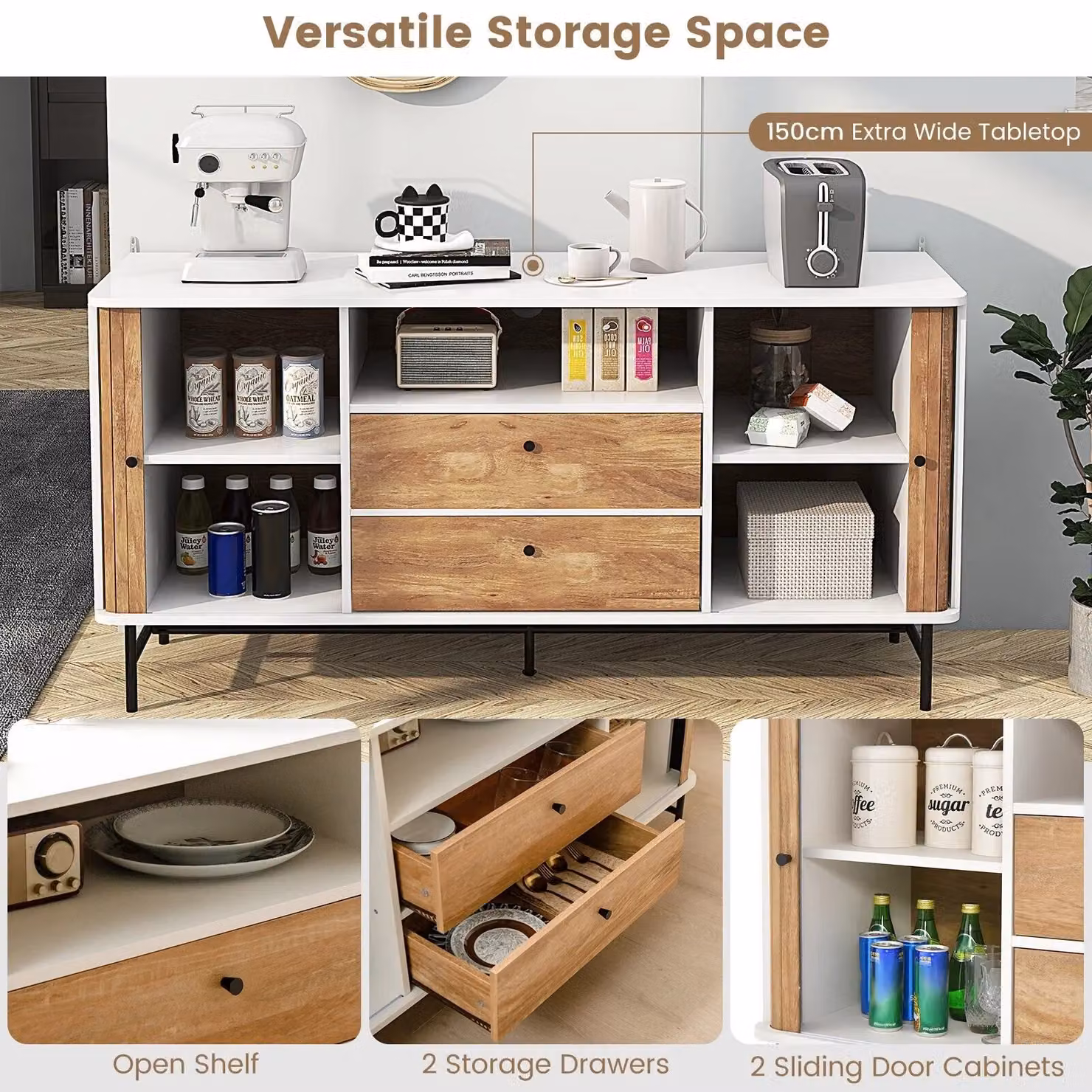 Costway Wooden Buffet Cabinet and Sideboard Bar Station with Sliding Tambour Doors in White – 3