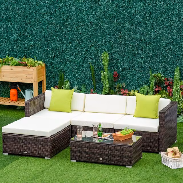 OUTSUNNY 5 Piece Brown Rattan Wicker Sectional Sofa Set with Cushions