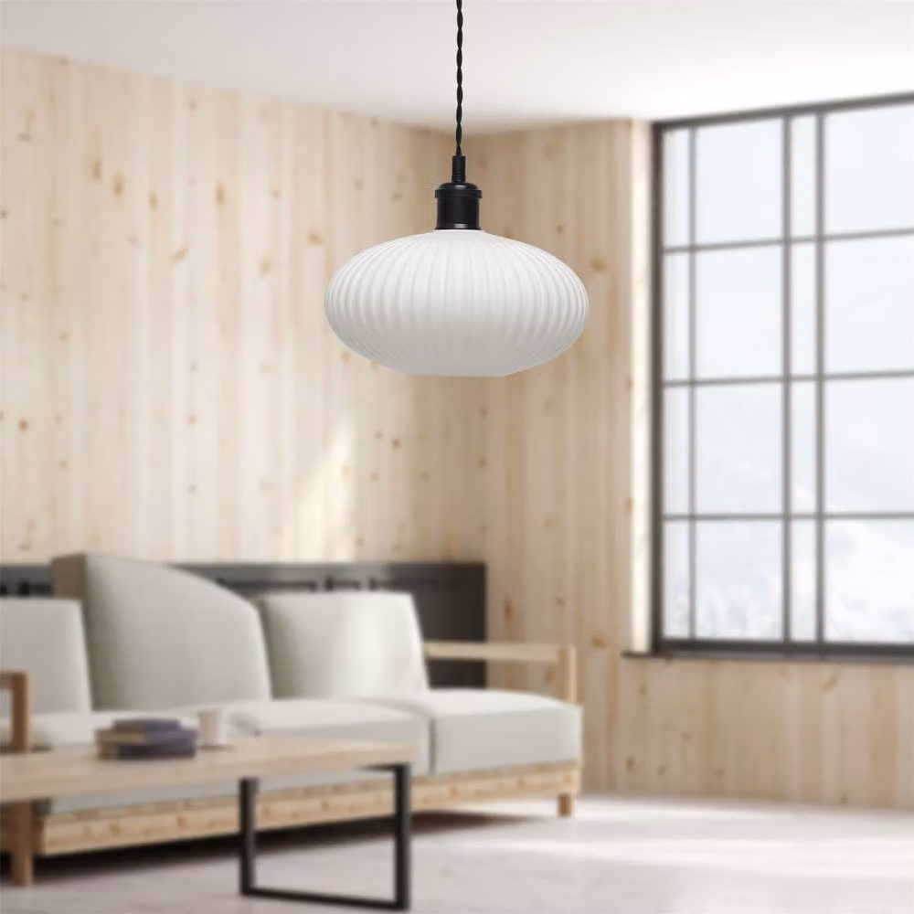 First Choice Lighting Set of 2 Baton Retro Pendant Lights with White Ribbed Oval Glass and Black Metal Fittings – 2
