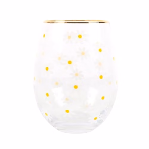 Something Different Wholesale White Daisy Print Stemless Wine Glass with Gold Rim