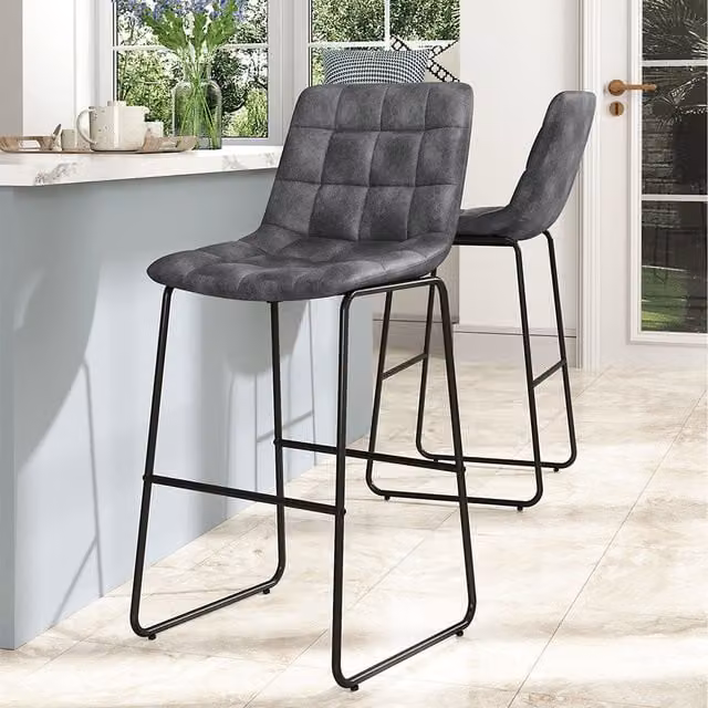 Komore Set of 2 Tufted Faux Leather Counter Height Bar Stools in Grey