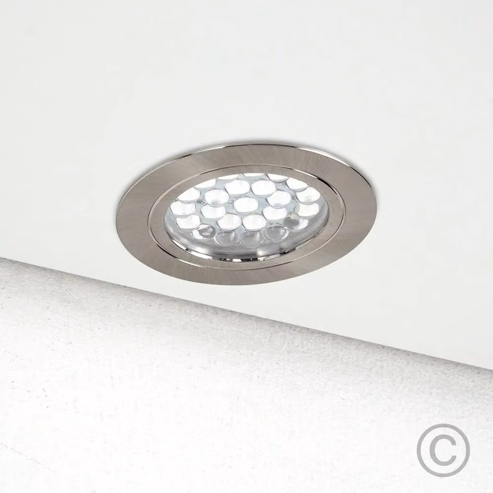 ValueLights MiniSun Modern Brushed Chrome 12V LED Recessed Downlight for Caravan, Boat or Cabin with Integrated 2700K Warm White Bulb – 2