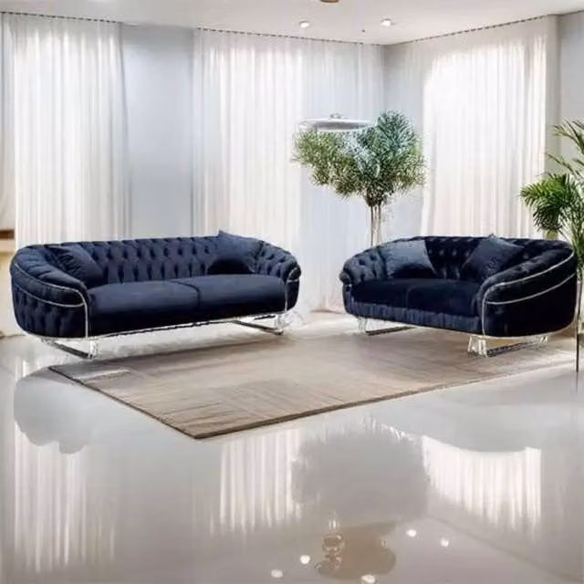 Sliding Wardrobes 4U Cammen 5 Piece Plush Velvet Chesterfield Sofa Set in Navy