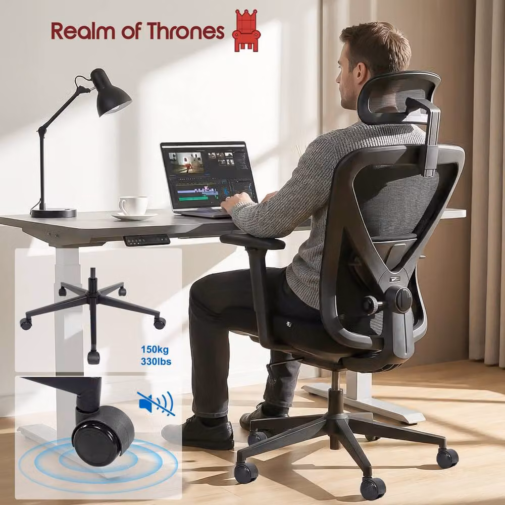 Realm of Thrones Ergonomic Mesh Swivel Office Chair with Headrest and 3D Armrests in Black – 8