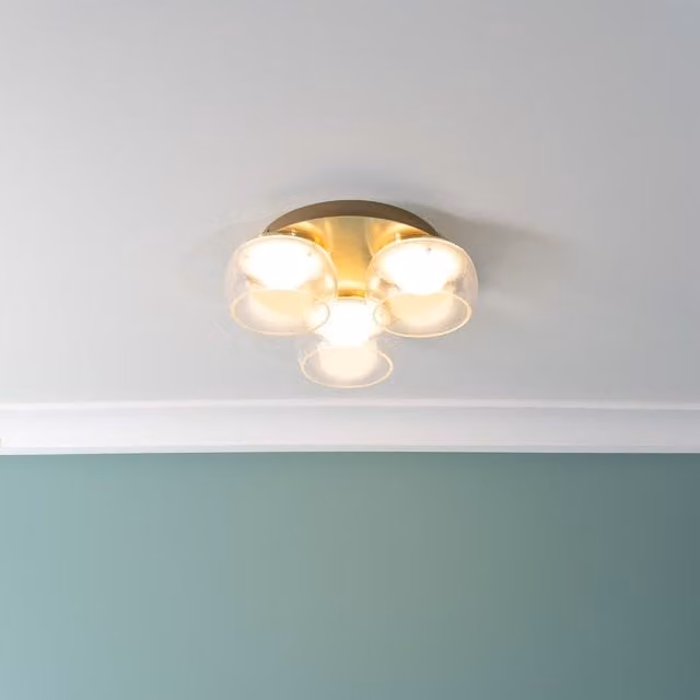 ValueLights Alissa 3 Way Integrated LED Flush Ceiling Light in Gold with Transparent Glass Shades, IP44 Rated for Bathrooms
