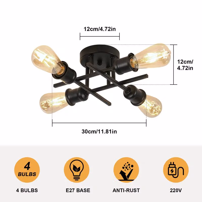 COMELY Industrial Vintage Semi Flush Mount Ceiling Light, 4 Light Black Metal Chandelier – 4