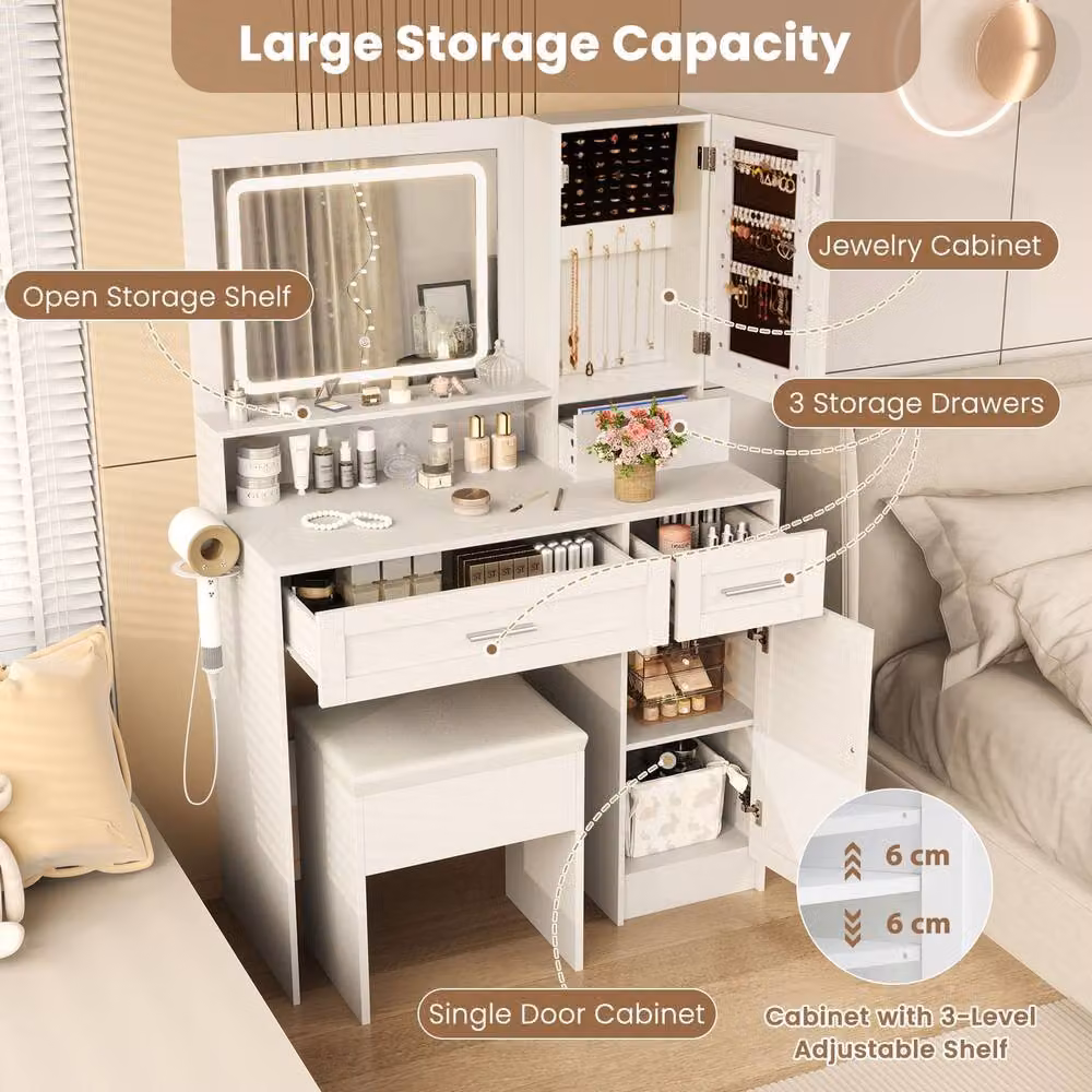 Costway Farmhouse Makeup Vanity Desk and Stool Set with Hollywood LED Lighting in White – 2