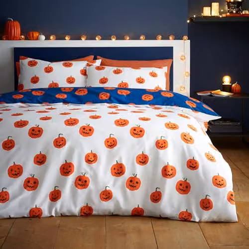 Catherine Lansfield Halloween Pumpkins Reversible Duvet Cover and Pillowcase Set in Navy Blue, W/D/H: 200 x 200 x 50 x 75 cm – 5