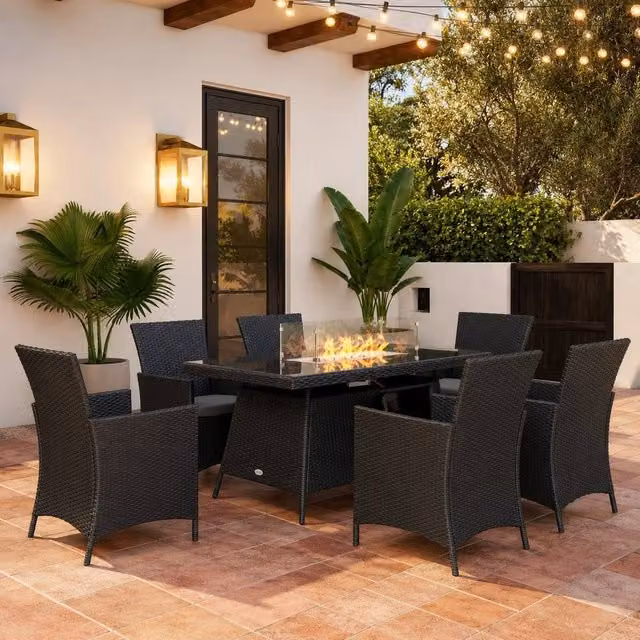 STILVORA Modern Garden Dining Set with Black Fire Pit Table in Metal and Rattan – 1