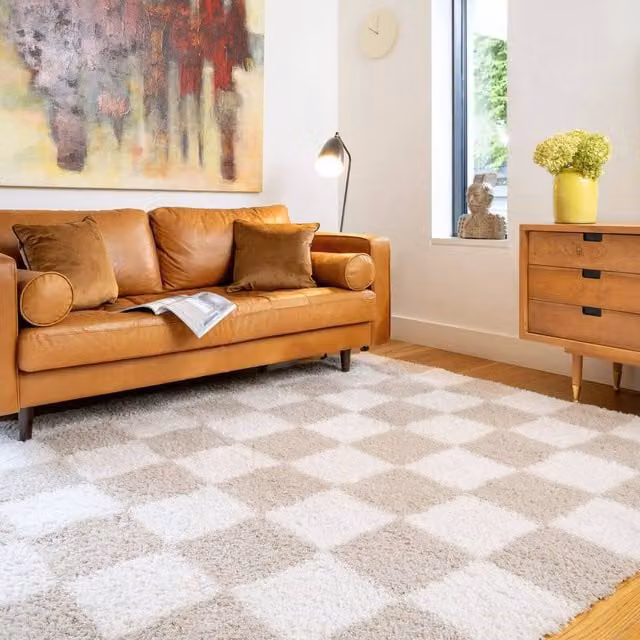 Kukoon Beige Shaggy Checkerboard Living Room Area Rug W/D/H: 60 x 240 cm