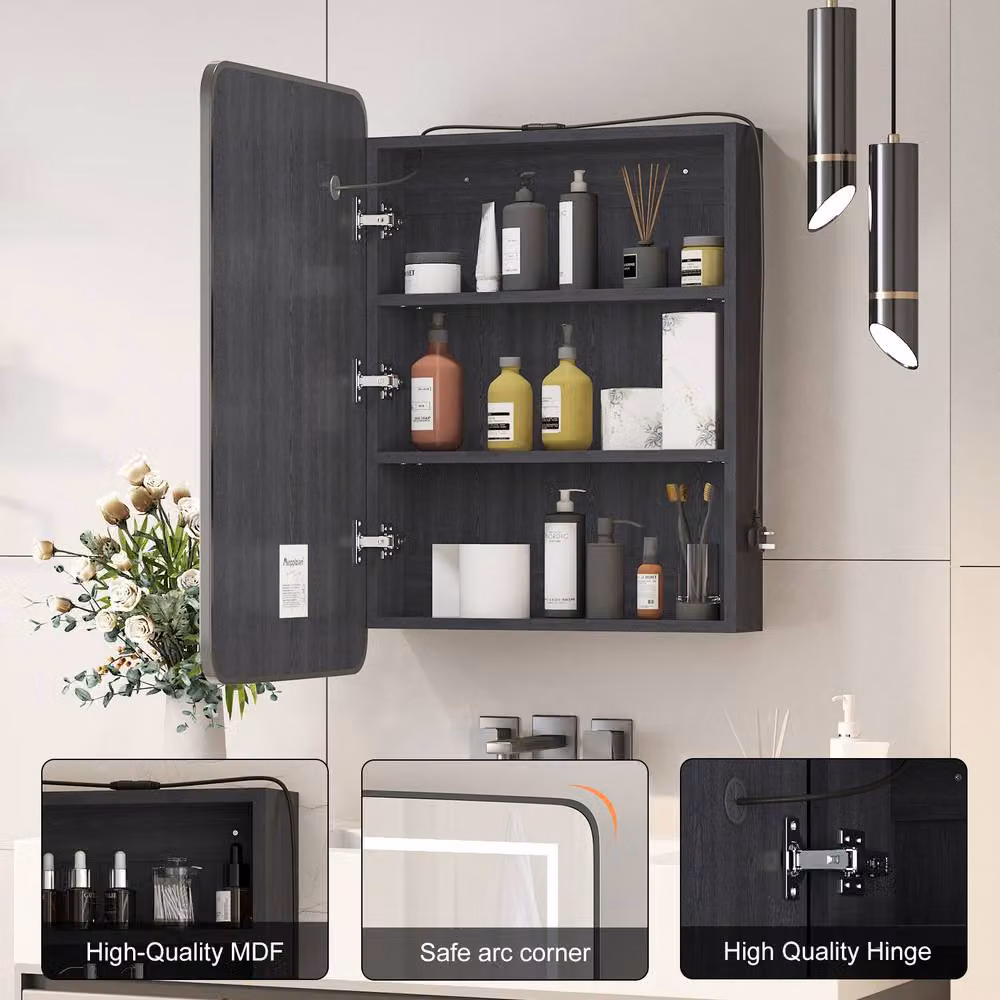 KEEPREAPER Black LED Bathroom Mirror Cabinet with 3-Colour Lighting, Demister and Touch Control, W: 50 cm, H: 76 cm – 2
