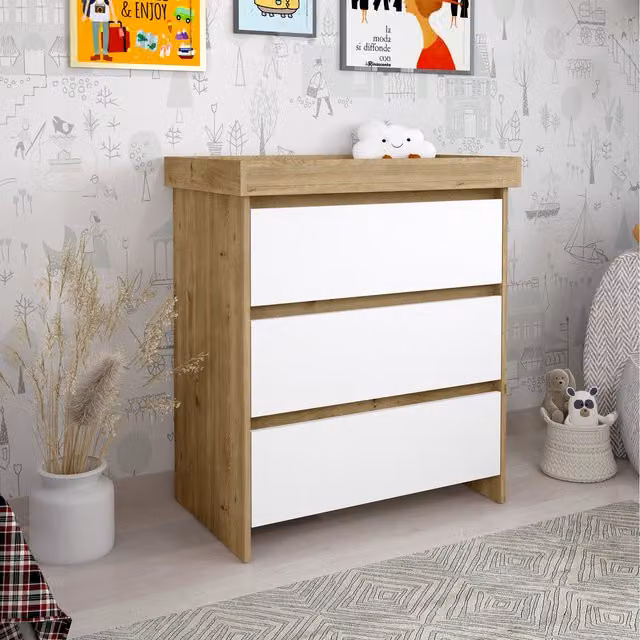Shefa Kids Classic Baby Changing Dresser with 3 Drawers, Oak and White