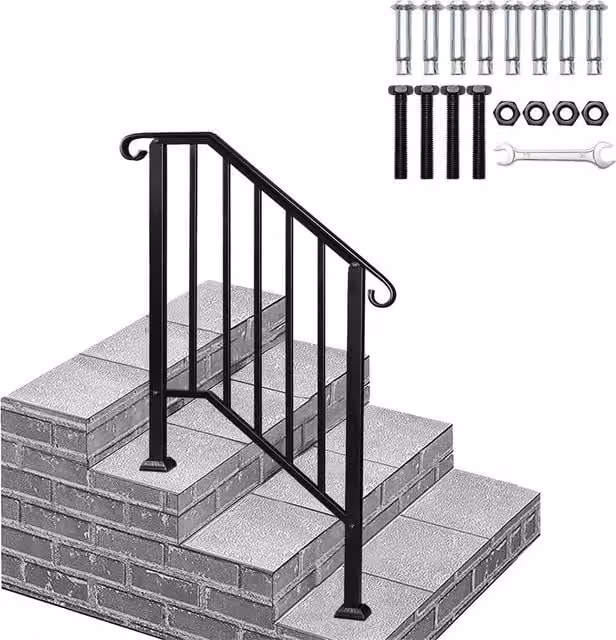 Nordara Black Iron Stair Handrail for 2-3 Outdoor Deck Steps, W: 160 cm x H: 100 cm