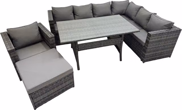 Fimous 8-Seater Rattan Garden Furniture Set with Dining Table, Corner Sofas and Large Footstool in Dark Grey Mixed