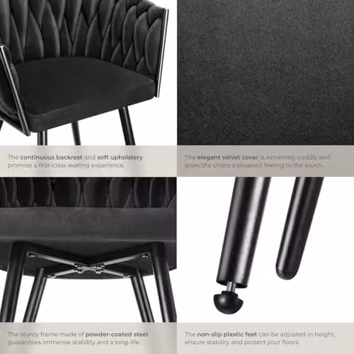 tectake Astano Set of 2 Padded Velvet Dining Chairs with Knot Design in Black – 6