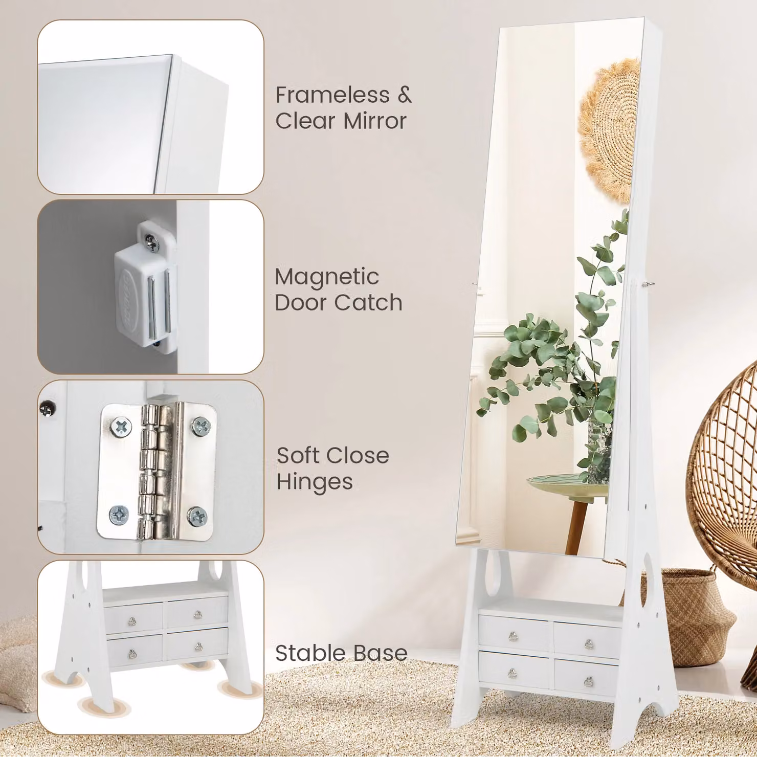 Costway White Modern Jewelry Cabinet Armoire with 3-Colour LED Lighting, Mirror and Internal Shelves and Drawers – 2