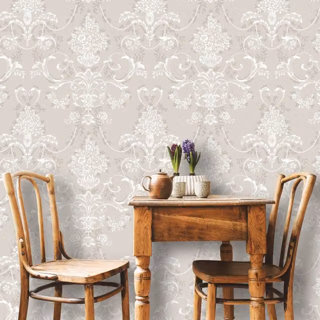 Rasch Amelie Damask Floral Botanical Wallpaper Roll in Grey